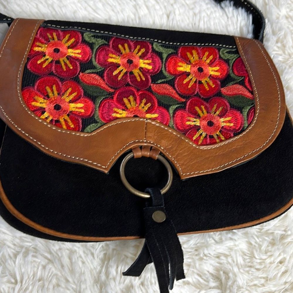 Artisan Handcrafted Embroidered Small black Suede Leather Bag - Picture 2 of 8